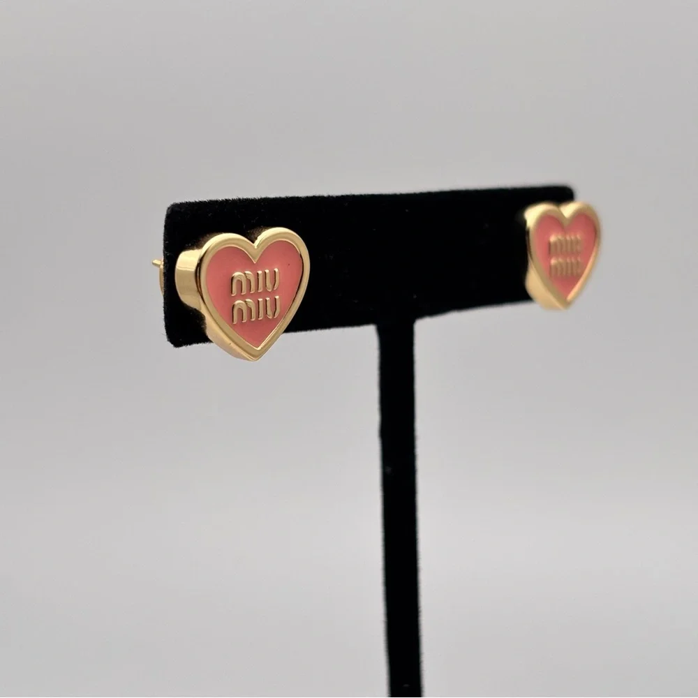 Miu Miu Pink Heart Logo Enamel Gold-Tone Stud Earrings - Picture 3 of 5